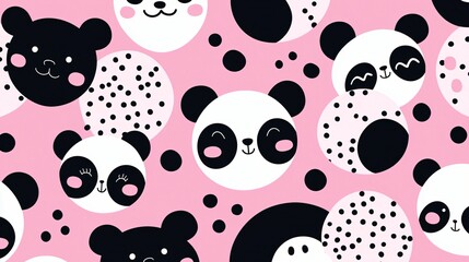 Cute Panda Heads Patterned on Pink Background Featuring Small Black Spots Repeatedly.