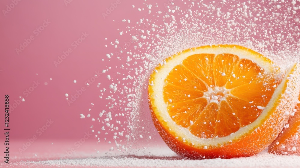 Poster a vibrant orange is split open, showcasing its juicy interior amidst a cloud of sugar, creating a dy