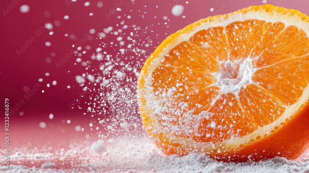 Poster a dynamic image featuring an orange slice with sugar dusting, created to evoke feelings of fun and f