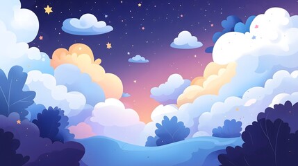 Fototapeta premium Digital illustration of a dreamy night landscape with silhouettes of trees and hills under a starry sky that transitions from the warm hues of sunset to a deep blue and soft, glowing clouds.