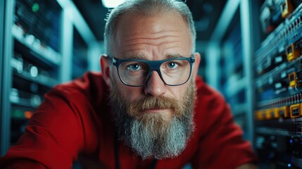 A professional technician is inspecting complex equipment with meticulous care, emphasizing technical proficiency in a modern workspace filled with high-tech devices.