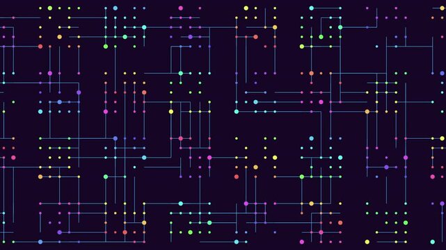 Vibrant, colorful lines form a seamless pattern. Crossing and parallel lines intermingle in a grid-like structure, creating a visually mesmerizing image