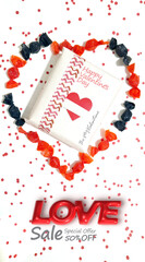 Valentine s Day sale poster with gift box among candies on a polka dot background