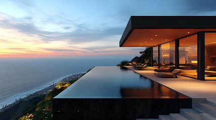 Fototapeta premium Modern Cliffside Villa Showcases Infinity Pool and Ocean Views at Sunset with Tranquil Ambiance