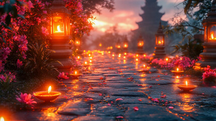 Rows of traditional oil lamps glowing against an ancient temple backdrop at dusk, symbolizing light and prosperity