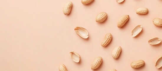 Peanuts and empty shells on light orange background, overhead view.