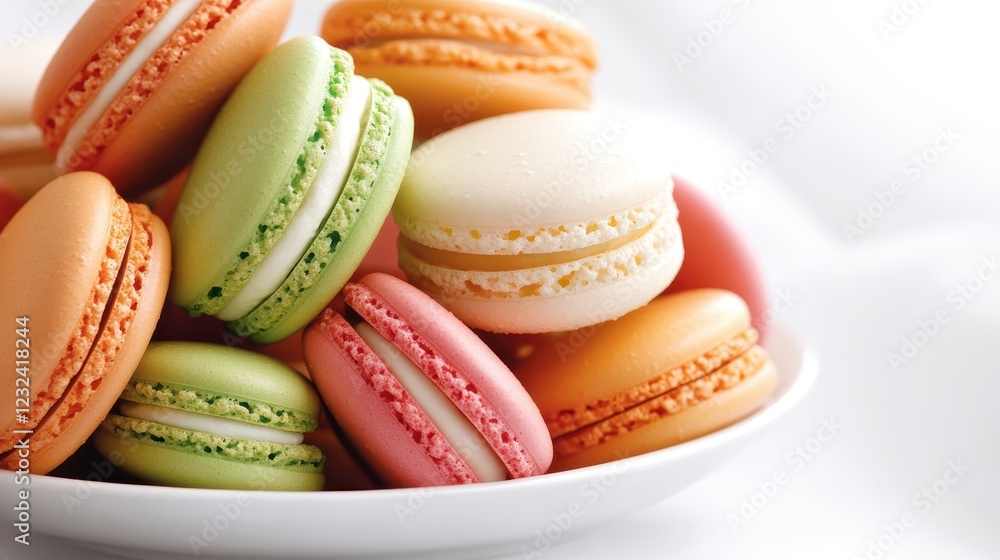 Poster an inviting image illustrates a vibrant assortment of macarons piled in a bowl, emphasizing their de
