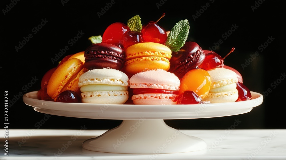 Poster this enticing image features an array of assorted macarons artfully displayed along with colorful ca