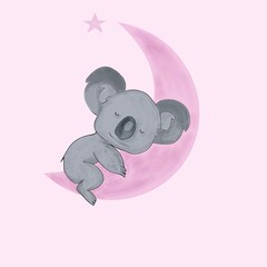 Koala baby gray sleeping on pink moon pink star cute gentle watercolor illustration on soft pink background postcard sticker