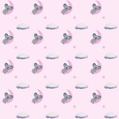 Baby koala gray sleeping, pink moon, stars, clouds on a soft pink background, watercolor, illustration, children's pattern. Cute design for fabric, gift packaging. Mukachevo Transcarpathian region 