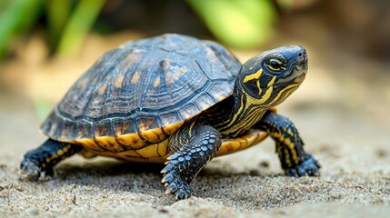 Obraz premium A juvenile turtle crawling on a sandy beach.