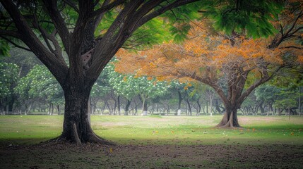 Naklejka premium Serene Autumnal Park: Majestic Trees in Golden Hues