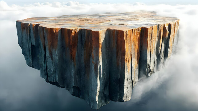 Large Floating Rock Formation Hangs in Cloudy Sky with Dramatic Lighting and Textured Surface