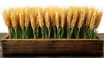 Golden Wheat Stalks Displayed in Rustic Wooden Box on Table