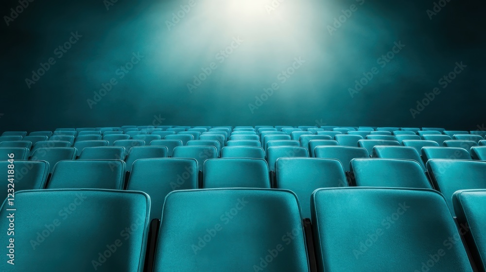 Aufkleber an atmospheric perspective of rows of turquoise chairs in an empty auditorium, showcasing the inviti