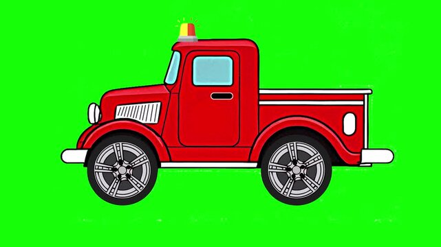 Vintage fire truck , flashing signal light, animation. Green screen, cartoon, footage, mockup, loop, chromakey.