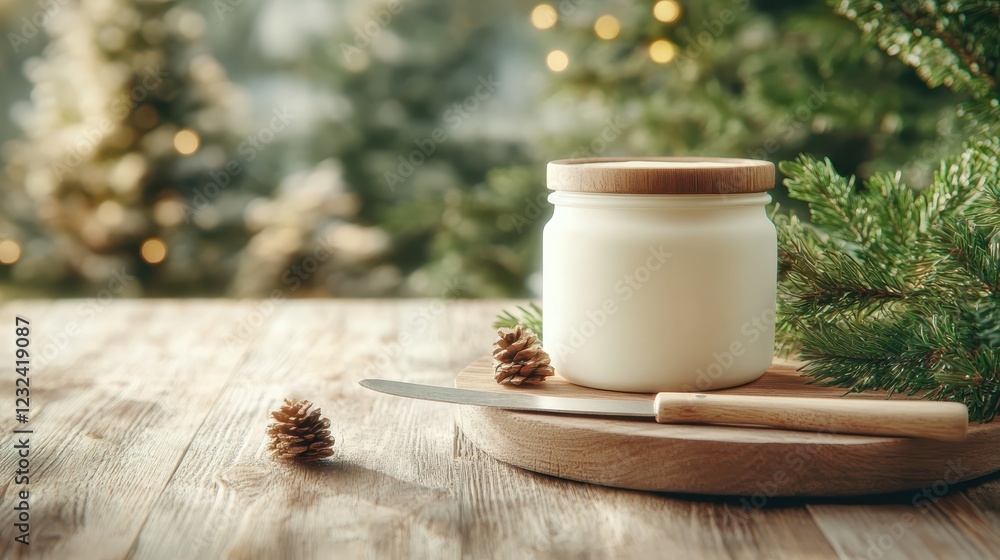 Poster a cozy jar filled with cream stands next to pine cones, emphasizing a rustic and natural setting ado