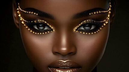 Woman with Gold Makeup and Accessories Poses Elegantly in Studio Portrait