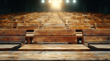 A stunning view of rows of weathered wooden benches in an empty auditorium, inviting contemplation of past events and the passage of time.