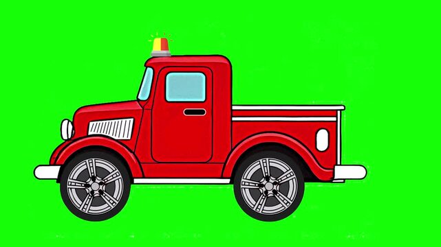 Vintage fire truck , flashing signal light, animation. Green screen, cartoon, footage, mockup, loop, chromakey.