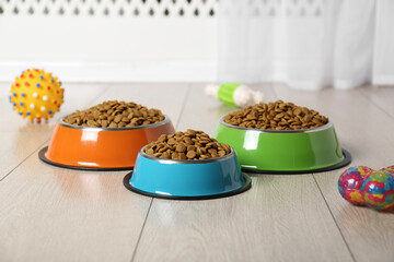 Dry pet food in feeding bowls and toys on floor indoors