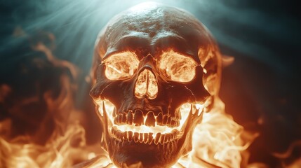 A chilling skull engulfed in flames, radiating a mysterious and fiery ambiance. This image symbolizes danger, mortality, and the beauty of life in its most intense form.