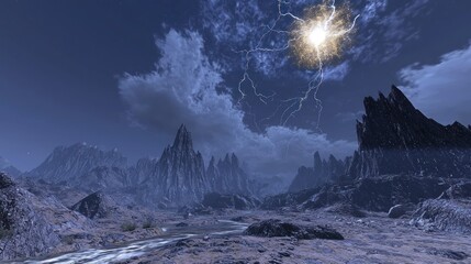 Dramatic lightning storm over a desolate, rocky mountain landscape at night.