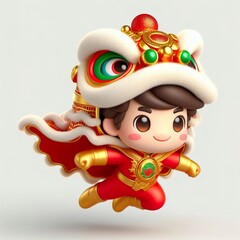 Fototapeta premium 3D Adorable cartoon gold red green happy flying superhero cute boy in a lion dance costume, white background