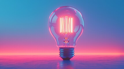 Glowing lightbulb on pink sunset. Idea concept