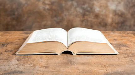 Open book on wooden table, brown background, knowledge, education