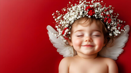 Smiling Baby Sleeps Peacefully with Floral Crown and Angel Wings on Red Background