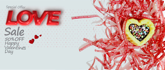 Valentine s Day sale banner decorated with red ribbons and a heart cake.
