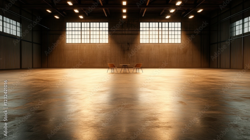 Poster an empty industrial space with soft light streaming through windows, featuring two chairs, evoking a