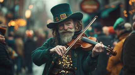 Fototapeta premium Celebrating St. Patrick's Day with lively music and joyful spirit on a bustling city street