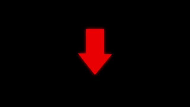 Animated arrow pointing down on black background.Abstract glowing down arrow icon animation