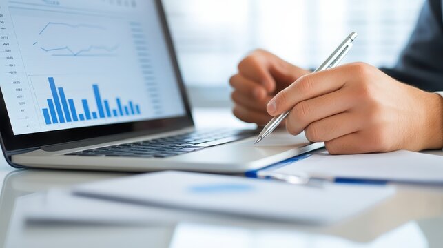Person working efficiently, using pen and laptop for enhanced productivity in the modern workplace