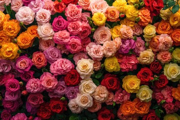 A garden of roses with each bloom a different vibrant color, arranged in a symmetrical pattern, showcasing the diversity and beauty of nature