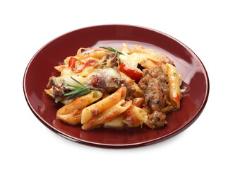 Delicious pasta casserole with cheese, tomatoes, minced meat and rosemary isolated on white