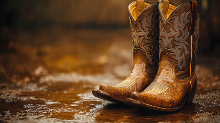 A Pair of Embroidered Leather Cowboy Boots Rests in Shallow Water with Ripples.
