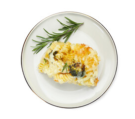 Tasty pasta casserole with cheese and broccoli isolated on white, top view