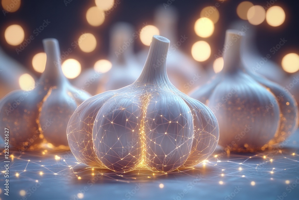 Aufkleber garlic bulbs illuminated by soft lights with a digital network design in a creative setup