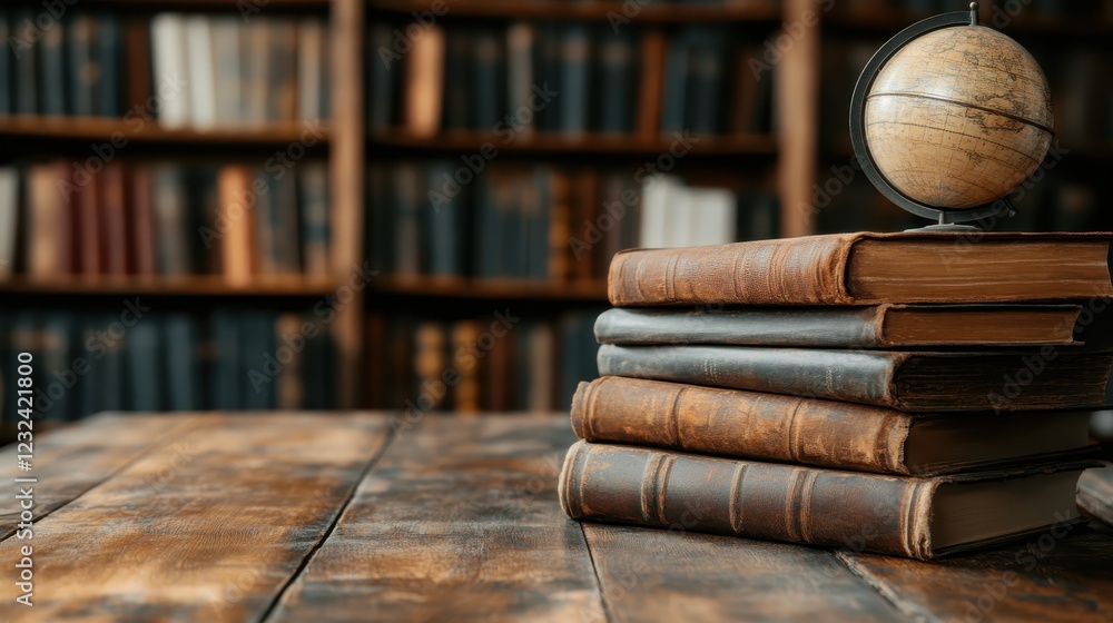 Poster an informative scene showcasing a stack of old books next to a globe, encapsulating the essence of k