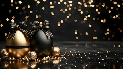 Fototapeta premium Elegant Black and Gold Decorated Eggs with Festive Lighting Creates a Luxurious Holiday Atmosphere.