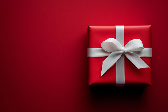 A red gift box tied with a white ribbon, minimalist background, clean design, advertising poster