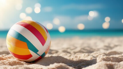 Obraz premium A bright beach volleyball set against a golden sandy beach illustrates the vibrancy of summer fun, capturing moments of joy and carefree beach sports in a lively environment.