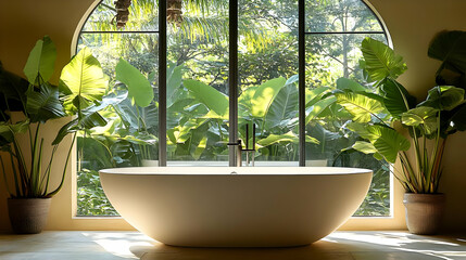 Modern Bathroom Interior with Large Window, Lush Tropical Plants, and a Luxurious Tub, Quietly serene.