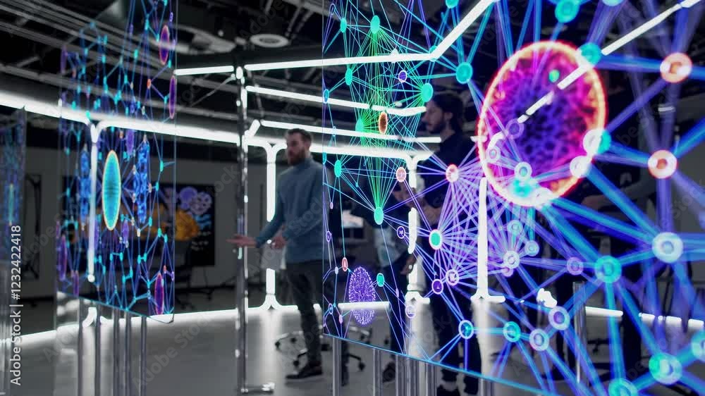 Aufkleber exploring advanced holographic displays in a modern tech lab with interactive visual interfaces
