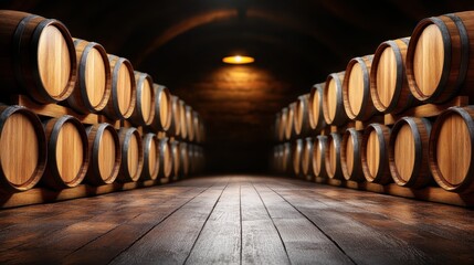 An atmospheric view of rows of polished wooden barrels in a dimly lit cellar, evoking a sense of tradition and craftsmanship associated with fine wine production and storage.