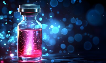 Glowing vial, medical research, dark background, bokeh lights, healthcare advertising