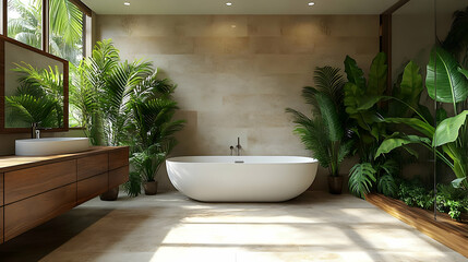 Fototapeta premium Modern Bathroom Design Features a Luxurious Soaking Tub and Lush Greenery, Creating a Tranquil Oasis.